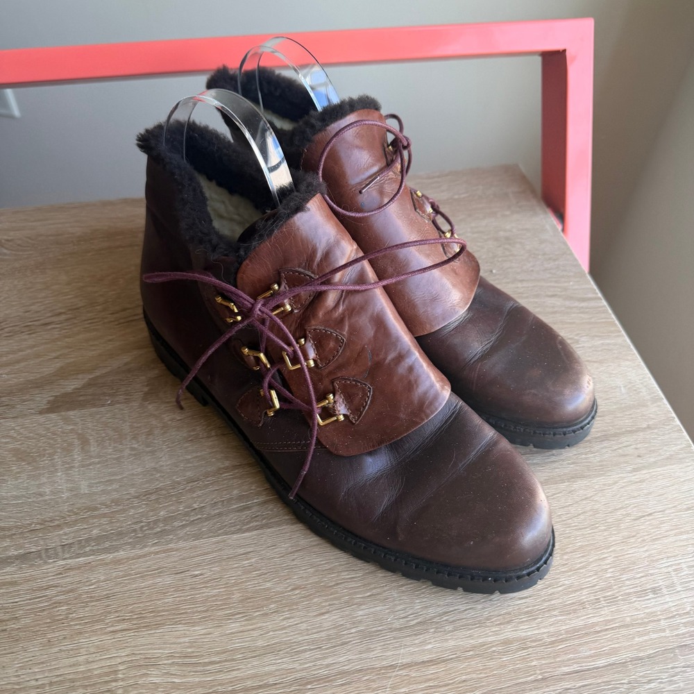 Amica Moda Italian Brown Leather Shearling Lined Alpine Ankle Boots Lug Sole 39‎
